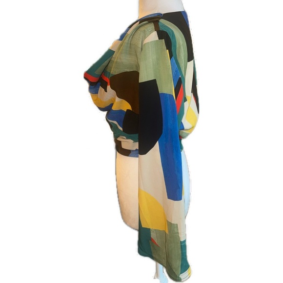 Zara Multicolor Flowy Neckline Crop Bell Sleeve Printed Blouse S - Picture 4 of 12